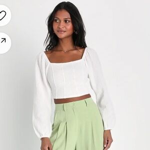 NWT Lulus Ivory / White Ribbed Bustier Balloon Sleeve Crop Top